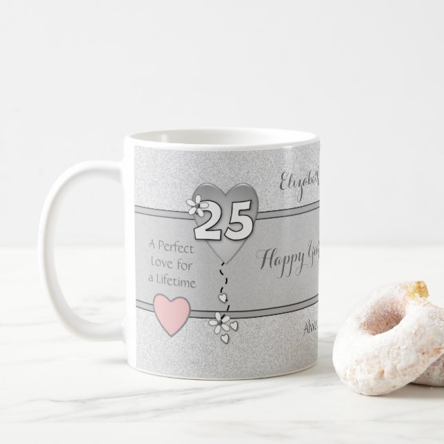 Anniversary gift 25 years with heart and names coffee mug (With Donut)
