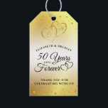 Anniversary Gold 50 YEARS INTO FOREVER Thank You Gift Tags<br><div class="desc">Thank you 50th wedding anniversary celebration party guests with these gold, black and white editable personalised favour tags for your guest favours featuring an elegant calligraphy script typography design of 50 YEARS INTO FOREVER accented with interlocking linked golden hearts with monogram initials and gold confetti against a faux brushed metallic...</div>