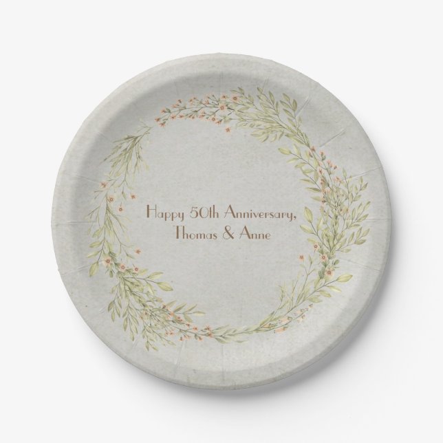 Anniversary green and orange summer wreath paper plate (Front)