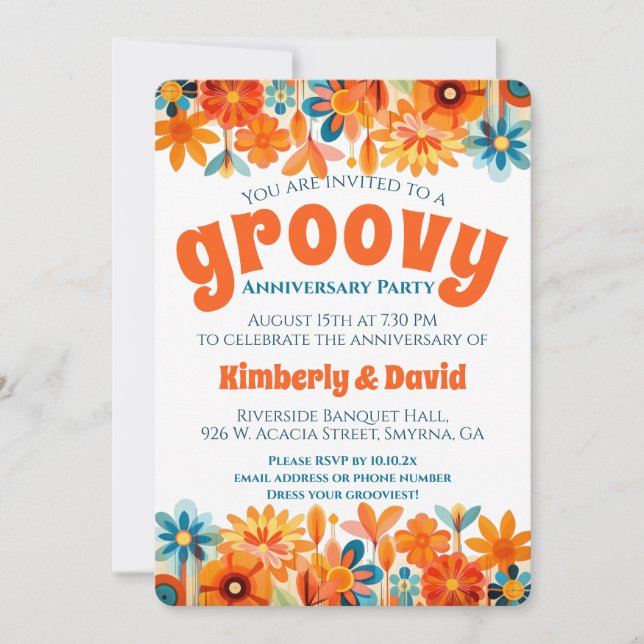 Anniversary Groovy 60's Vibe Floral Retro  Invitation (Front)