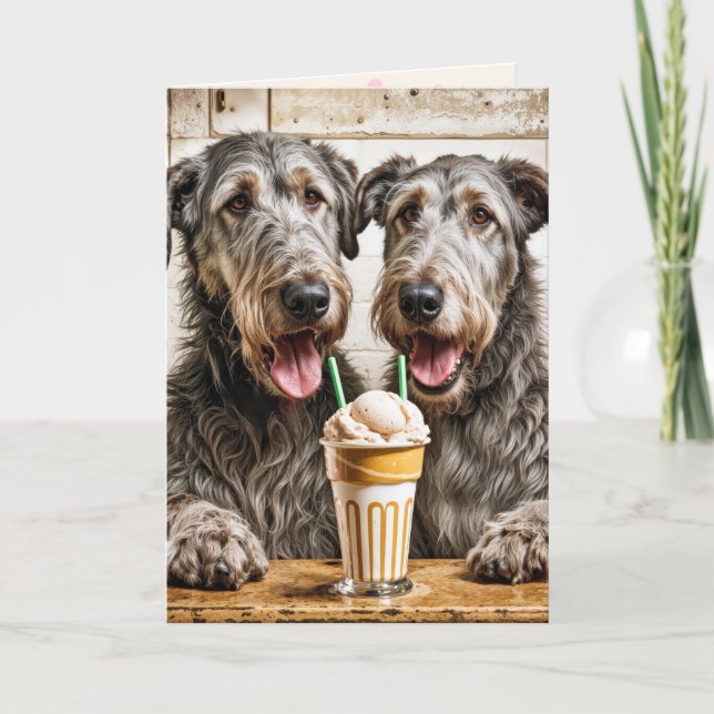 Anniversary Irish Wolfhounds Sharing a Milkshake Card (Front)