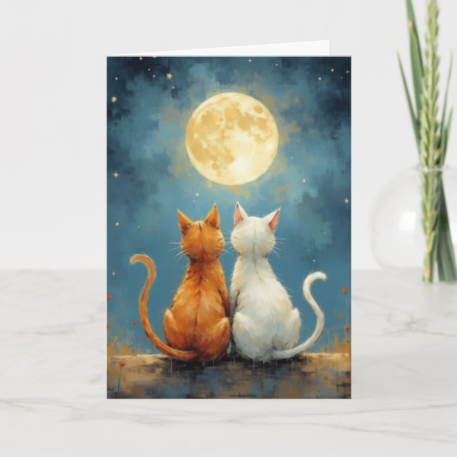Anniversary Love Cats Under the Moon in Painterly  Card (Front)