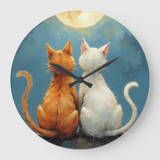 Anniversary Love Cats Under the Moon in Painterly  Large Clock (Front)