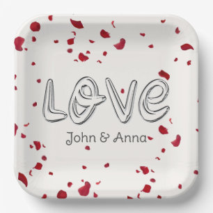 Anniversary Love Text With Rose Petals Paper Plate