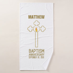 Anniversary of Baptism Gold Cross Personalised Bath Towel