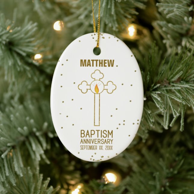 Anniversary of Baptism Gold Cross Personalised Ceramic Tree Decoration (Tree)