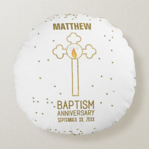 Anniversary of Baptism Gold Cross Personalised Round Cushion