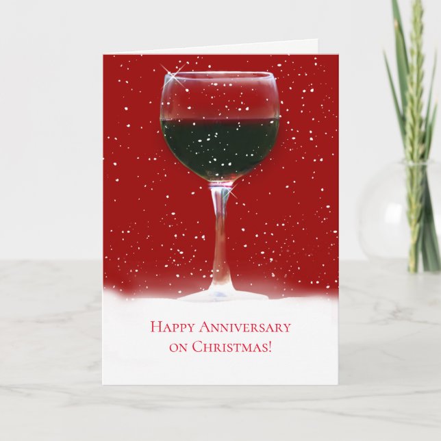 Anniversary on Christmas Snow and Wine Card (Front)