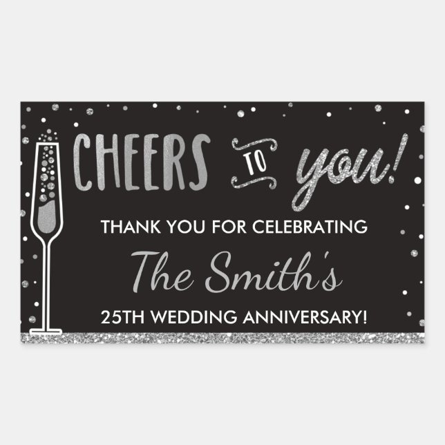 Anniversary Party Bottle Wrapper, Faux Silver Rectangular Sticker (Front)