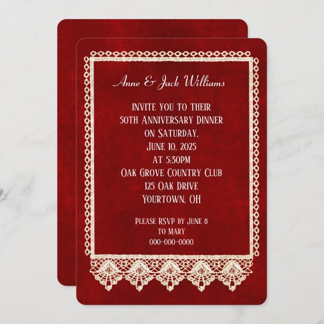 anniversary party lace frame on red invitation (Front/Back)