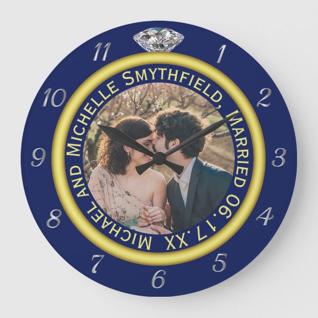 Anniversary Photo Diamond Wedding Ring Blue Gold Large Clock (Front)