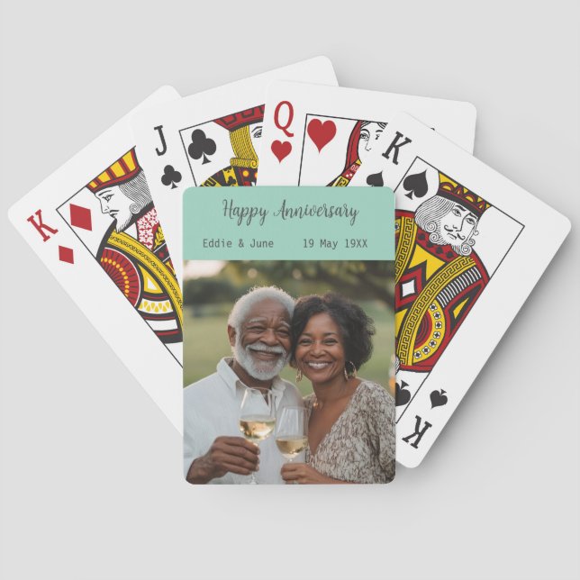 Anniversary Photo Modern Poker Cards Sage Green (Back)
