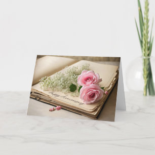 Anniversary Pink Roses On Old Scrapbook Card