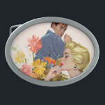 Anniversary Quarrel Oval Belt Buckle<br><div class="desc">Artist:Lynn Buckham | Man smoking a cigarette looking at a woman sitting by a floral arrangement</div>