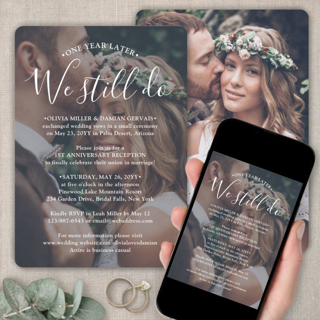Anniversary Reception Photo & White Text Wedding Invitation (Creator Uploaded)