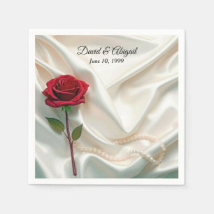 Anniversary Red Rose and Pearls On Satin Napkin