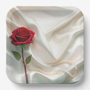 Anniversary Red Rose and Pearls On Satin Paper Plate