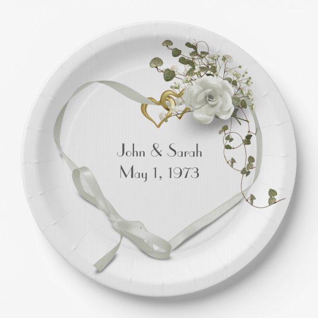 Anniversary Ribbon Heart with Rose Paper Plate (Front)