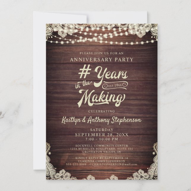 Anniversary Rustic Wood String Lights Ivory Lace I Invitation (Front)