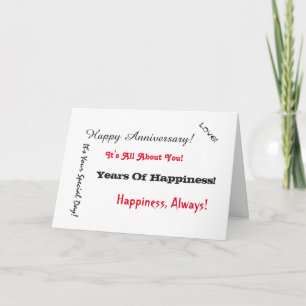 Anniversary sayings in black and red on white. card