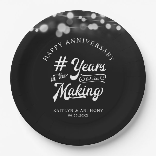 Anniversary String Light YEARS IN THE MAKING Black Paper Plate (Front)