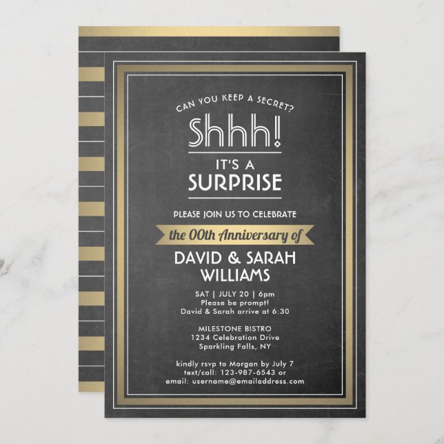 Anniversary Surprise Party Black Chalkboard & Gold Invitation (Front/Back)