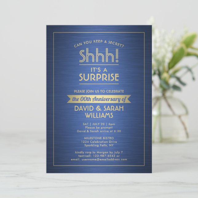 Anniversary Surprise Party Brushed Blue and Gold Invitation (Standing Front)