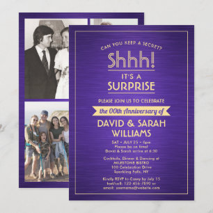 Anniversary Surprise Party Brushed Purple and Gold Invitation