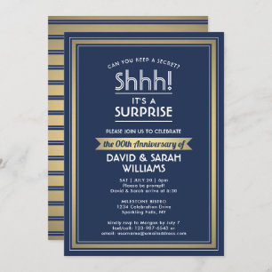 Anniversary Surprise Party Navy Blue, White & Gold Invitation