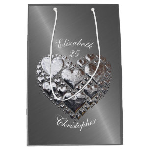 Anniversary Wedding Birthday Silver Hearts Steel Medium Gift Bag