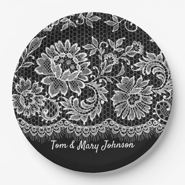 Anniversary White Lace Fringe On Black Paper Plate (Front)