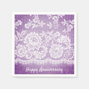 Anniversary White Lace Fringe On Purple Napkins