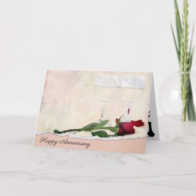 Anniversary Wine and Red Rose Card (Front)