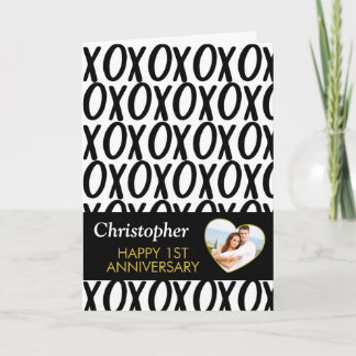Anniversary XOXO Hugs Kisses Black White Photo Card