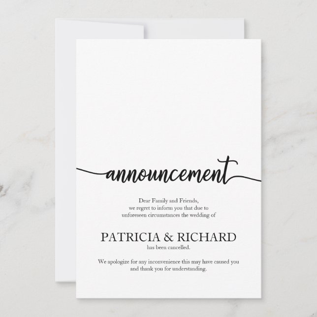Announcement Cancelled Wedding Elegant Calligraphy (Front)