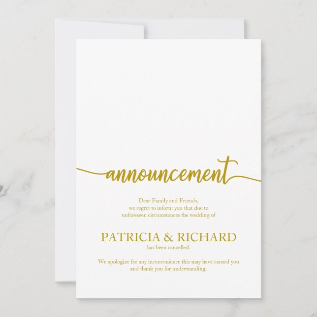 Announcement Cancelled Wedding Elegant Gold Script (Front)