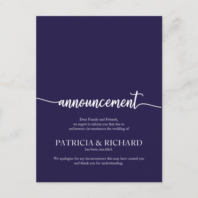 Announcement Cancelled Wedding Elegant Navy Blue Postcard (Front)