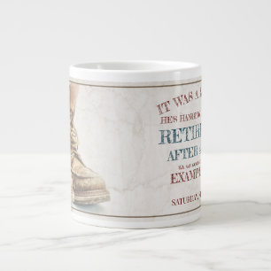 Announcement of retirement with old boots V1.0 Large Coffee Mug