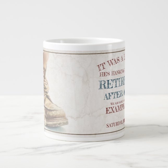 Announcement of retirement with old boots V1.0 Large Coffee Mug (Front)