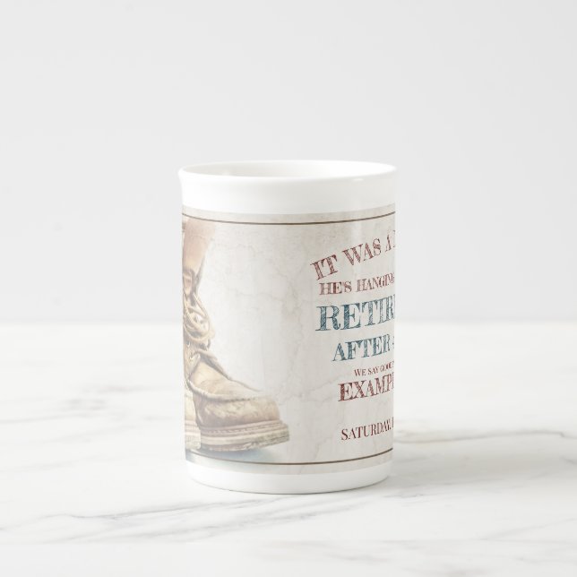 Announcement of retirement with old boots V2.0 Bone China Mug (Front)