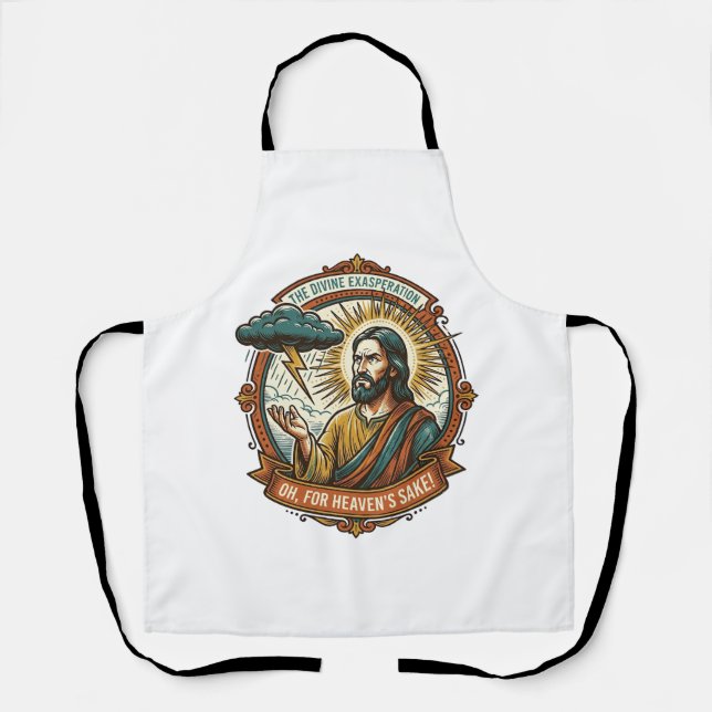 Annoyed Jesus Dark Rain Cloud Lightning Weather Hu Apron (Front)