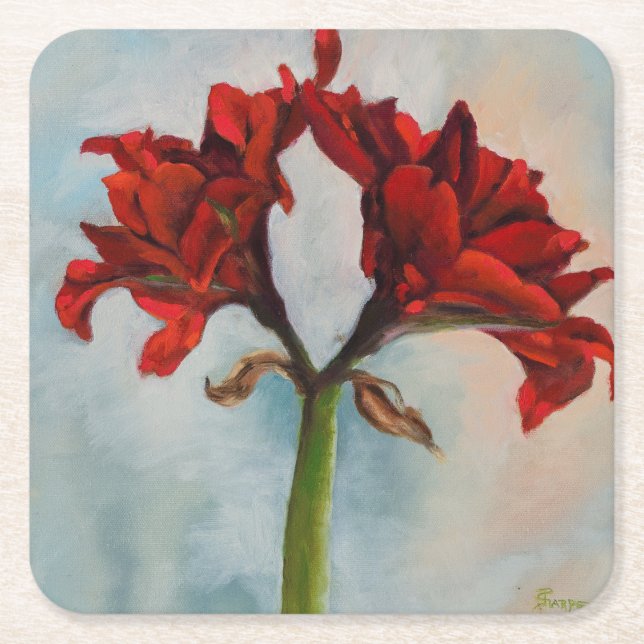 "Ann's Gift" Red Amaryllis Flower Oil Painting Square Paper Coaster (Front)