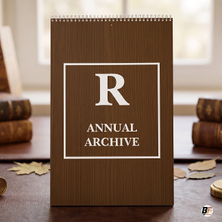 Annual Archive Monogram Typography Brown Wood Calendar