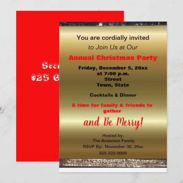 Annual Christmas Party Secret Santa Gold Red Announcement (Front/Back)