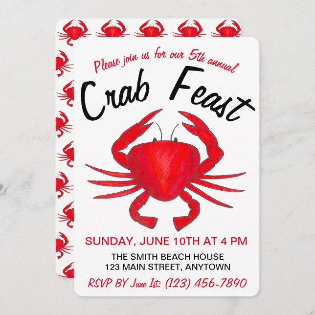 Annual Crab Feast Red Maryland Hard Shell Seafood Invitation (Front/Back)