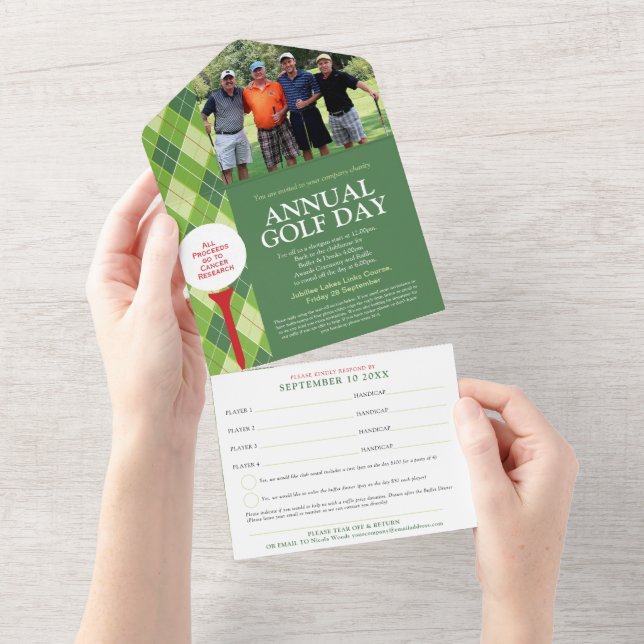 Annual golf day green plaid custom photo team RSVP All In One Invitation (Tearaway)