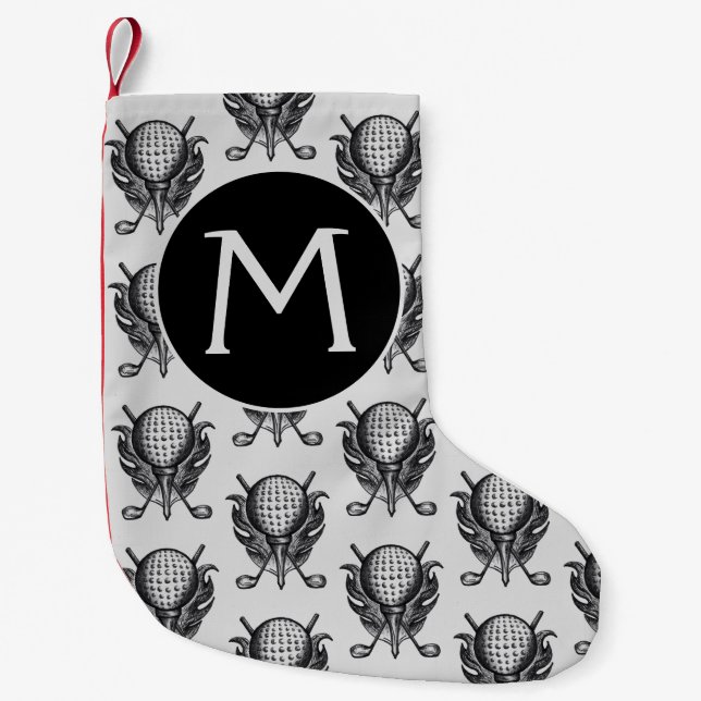 Annual Golf Tournament Ball Tee Clubs Pen and Ink Small Christmas Stocking (Front)