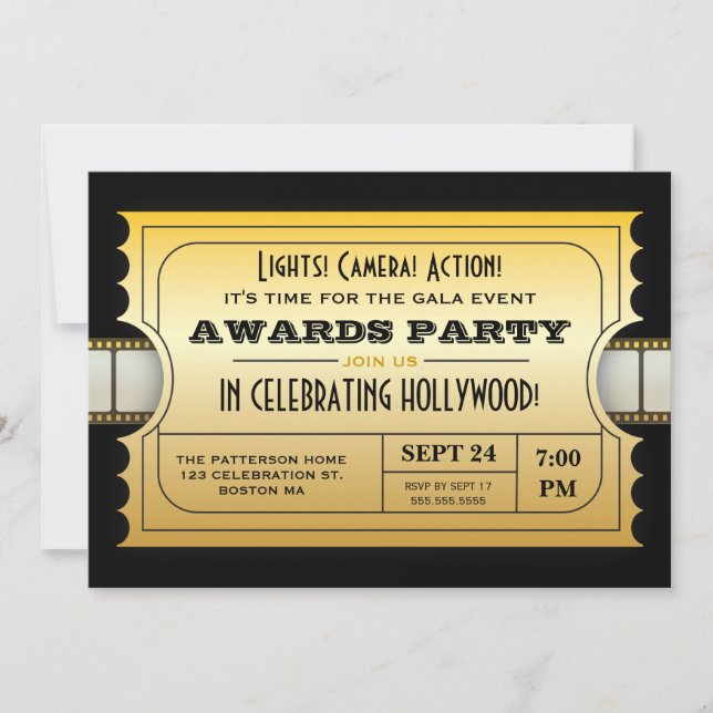 Annual Movie Awards Party Golden Ticket Invitation (Front)