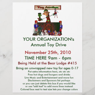 Annual Toy Drive Flier with cute elf toy auction Flyer