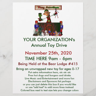 Annual Toy Drive Flier with cute elf toy auction Flyer